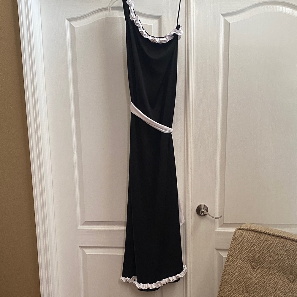 Chic Asymmetrical Black Dress with White Trim